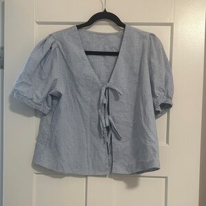 Amazon Light Blue Gingham Tie-Front Puff Sleeve Blouse